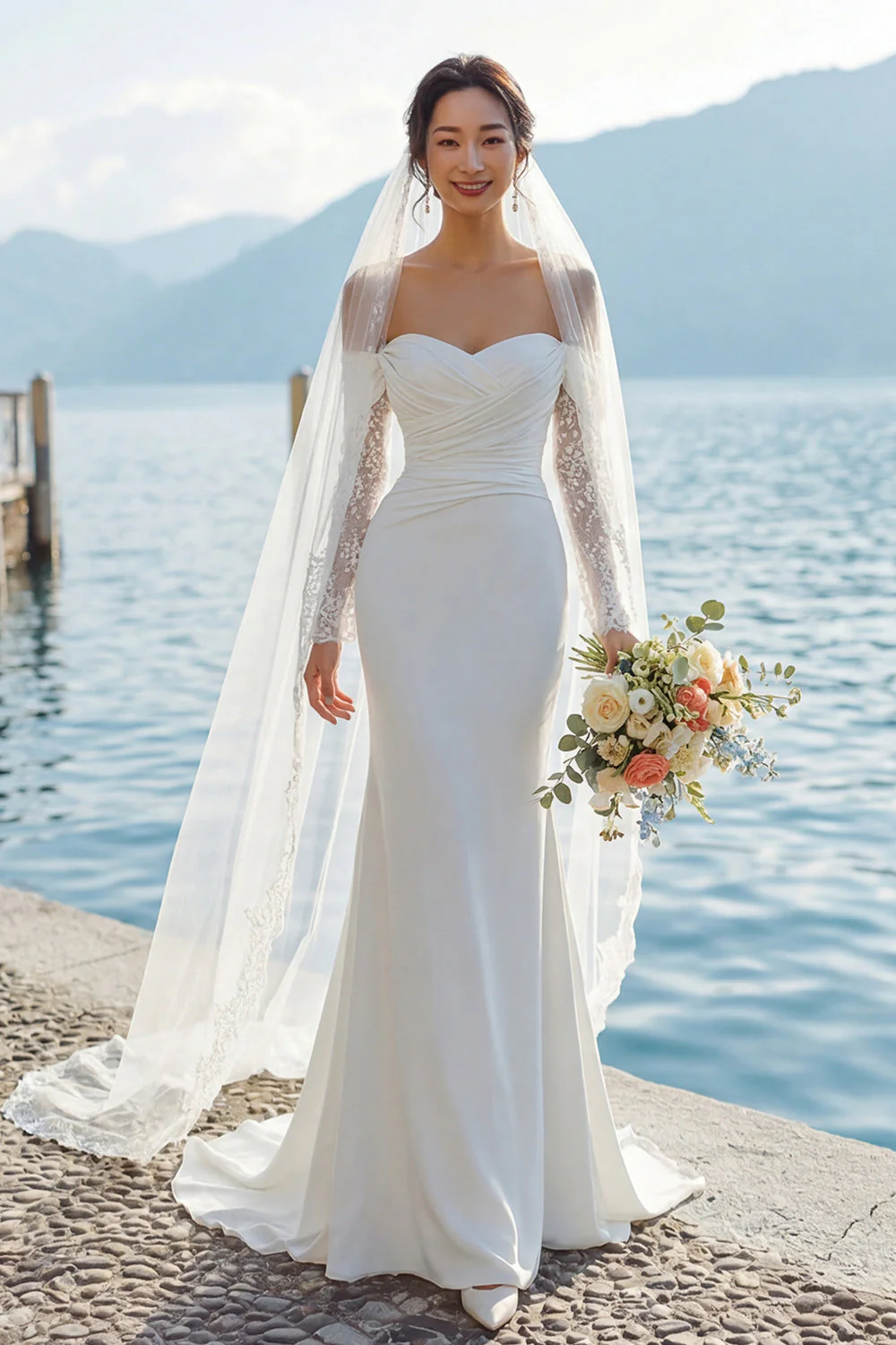 Robe de mariée bohème, traîne en traîne large sur les épaules en ivoire et manches - Image 3