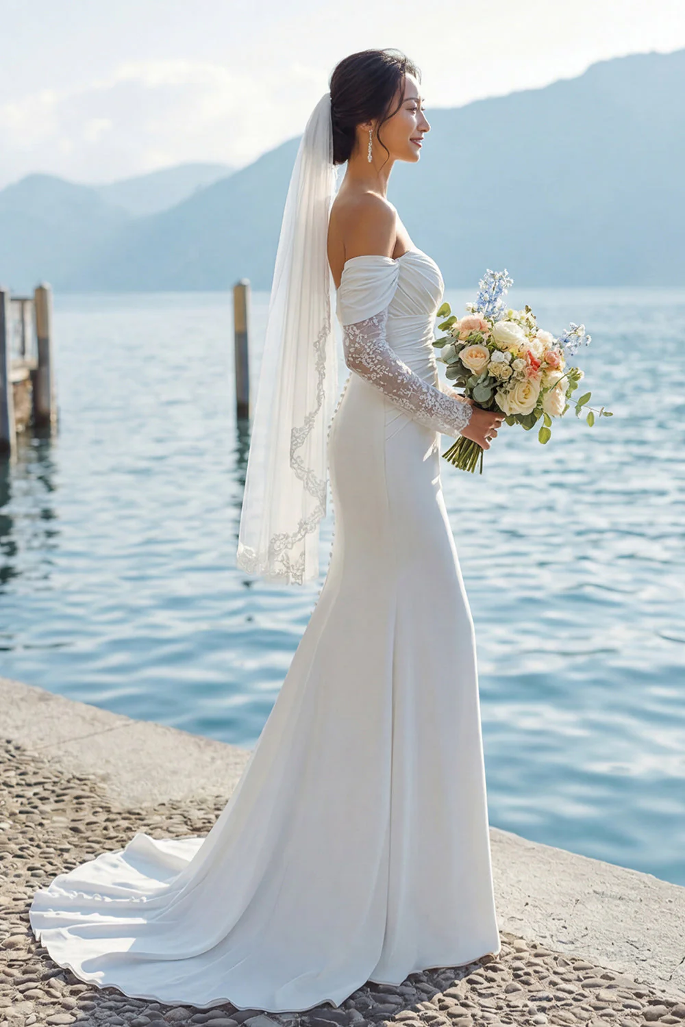 Robe de mariée bohème, traîne en traîne large sur les épaules en ivoire et manches - Image 4
