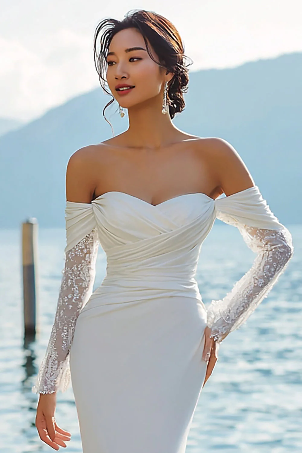 Robe de mariée bohème, traîne en traîne large sur les épaules en ivoire et manches - Image 5