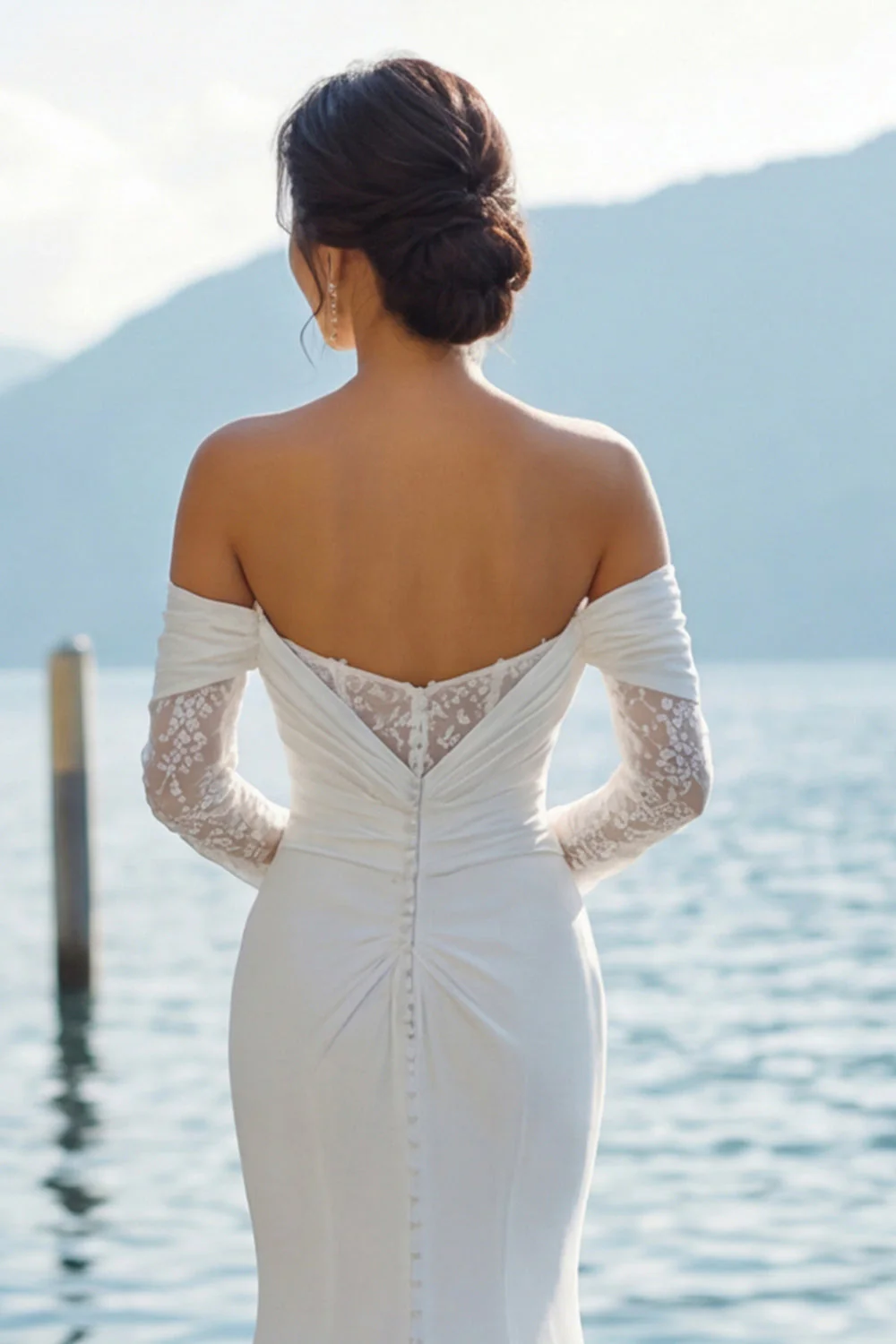 Robe de mariée bohème, traîne en traîne large sur les épaules en ivoire et manches - Image 6