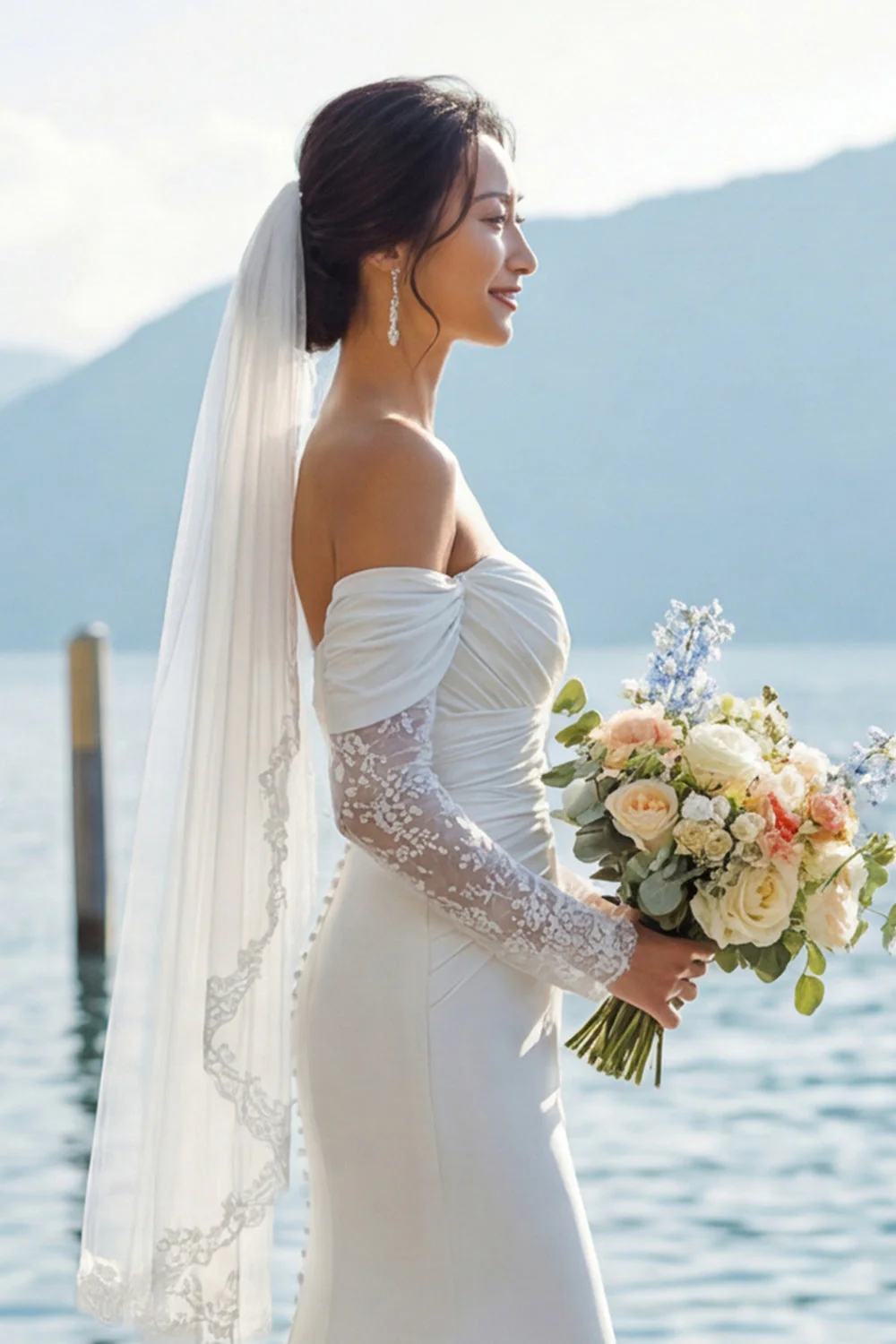 Robe de mariée bohème, traîne en traîne large sur les épaules en ivoire et manches - Image 8