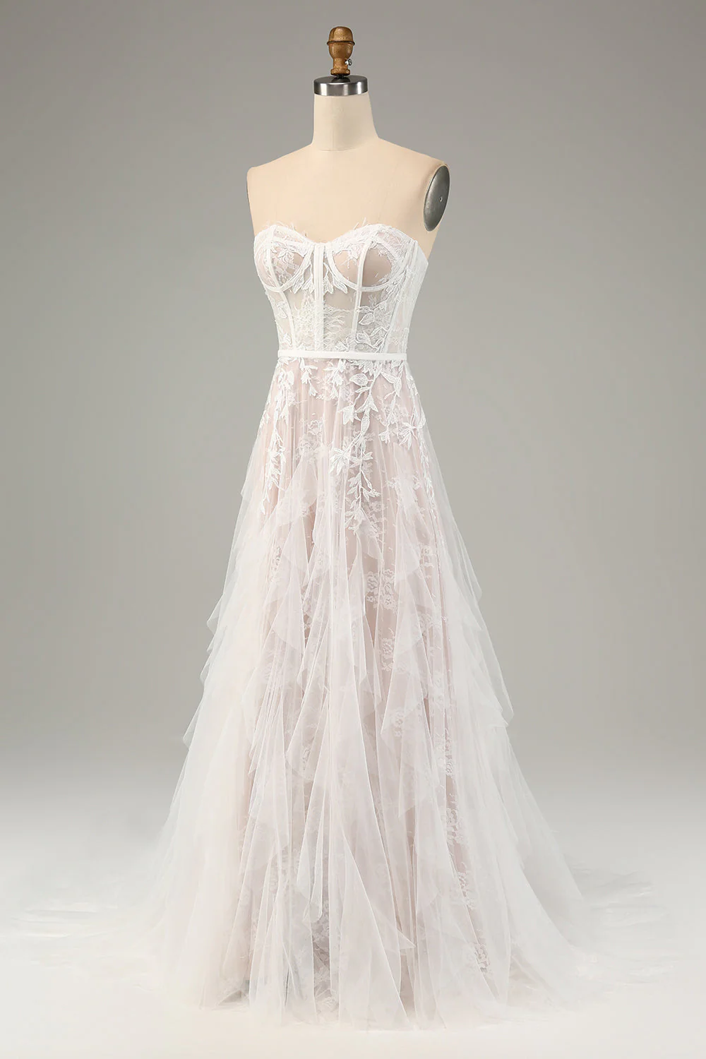 Robe de mariée corset corset blanc à corset avec dentelle appliquée - Image 3
