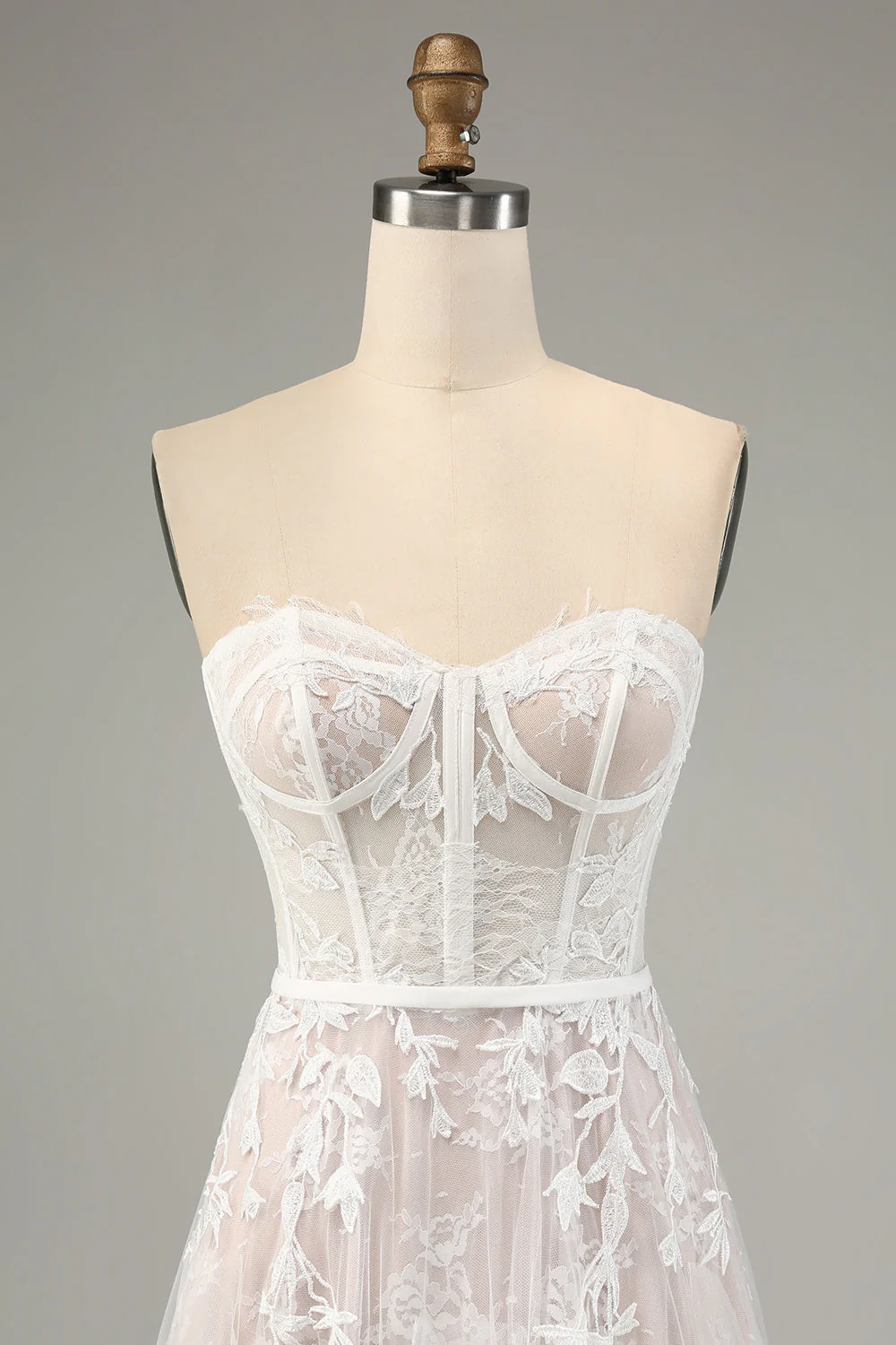 Robe de mariée corset corset blanc à corset avec dentelle appliquée - Image 4