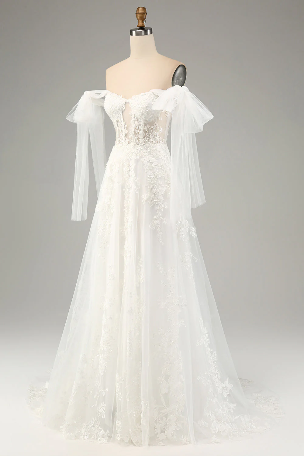 Robe de mariée corset en tulle trapèze à lacets blanc princesse avec dentelle appliquée - Image 3
