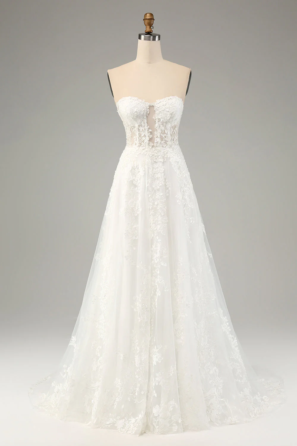 Robe de mariée corset en tulle trapèze à lacets blanc princesse avec dentelle appliquée - Image 5