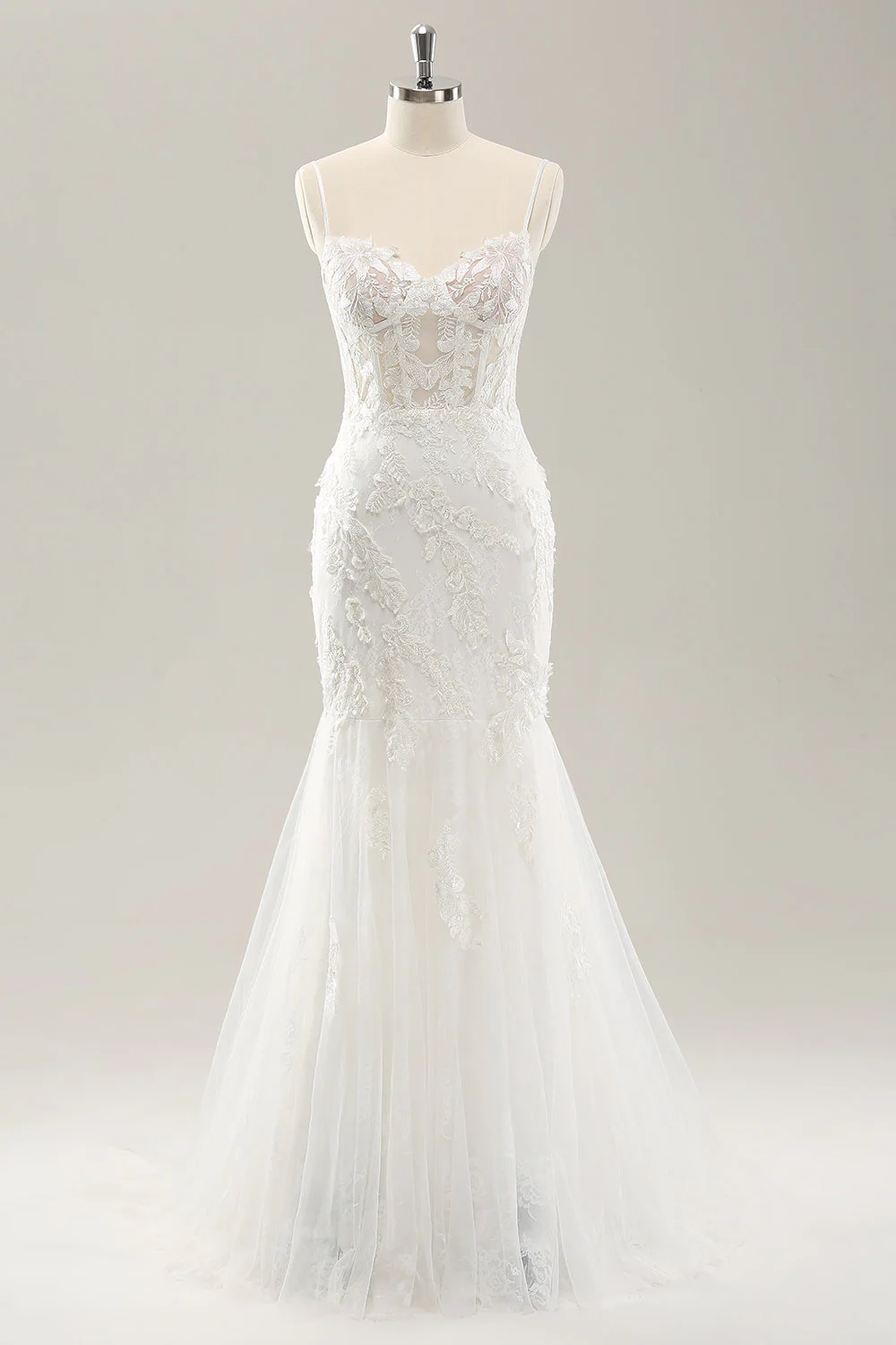Robe de mariée corset sirène blanche en tulle avec dentelle appliquée