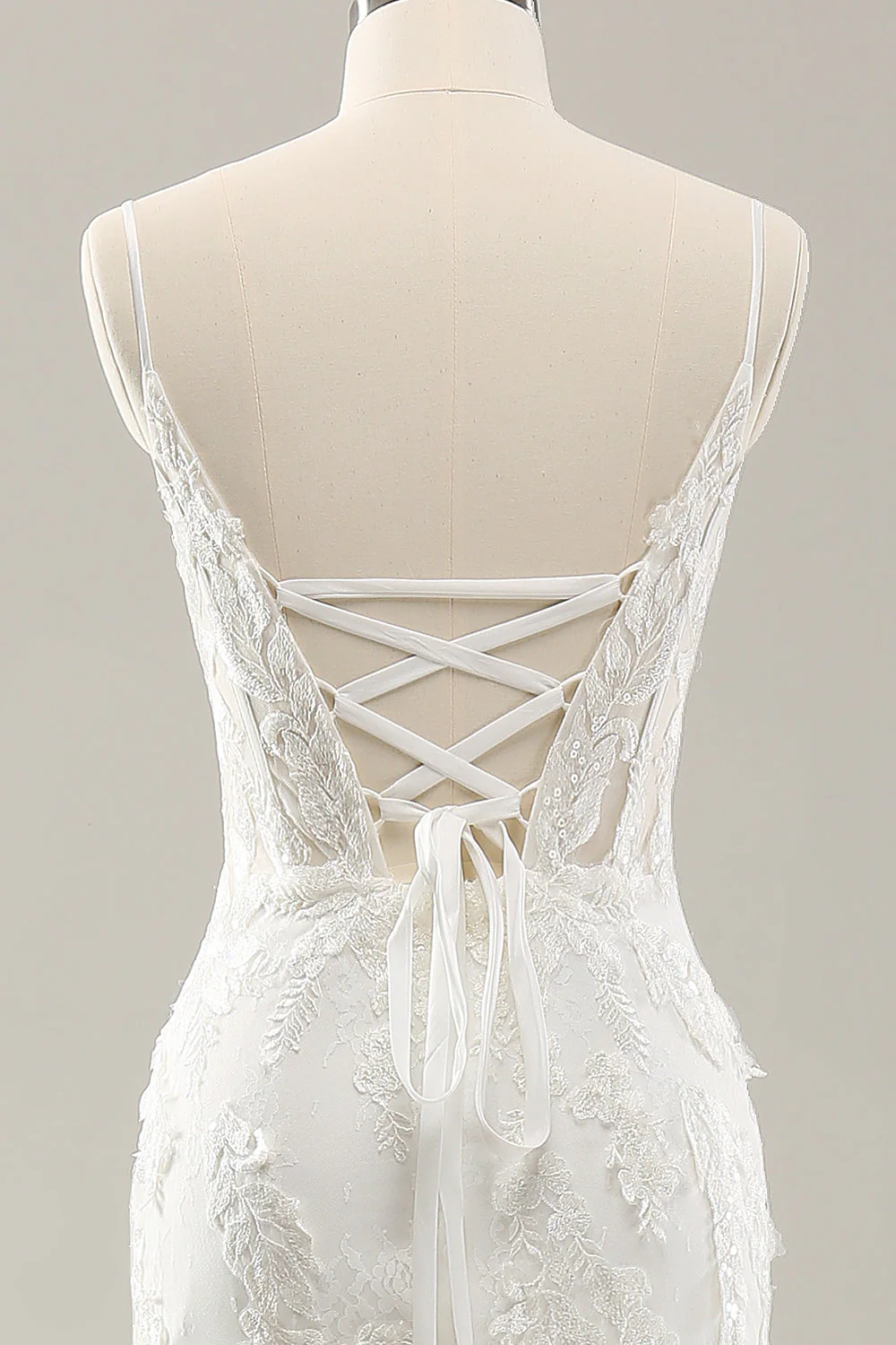 Robe de mariée corset sirène blanche en tulle avec dentelle appliquée - Image 5