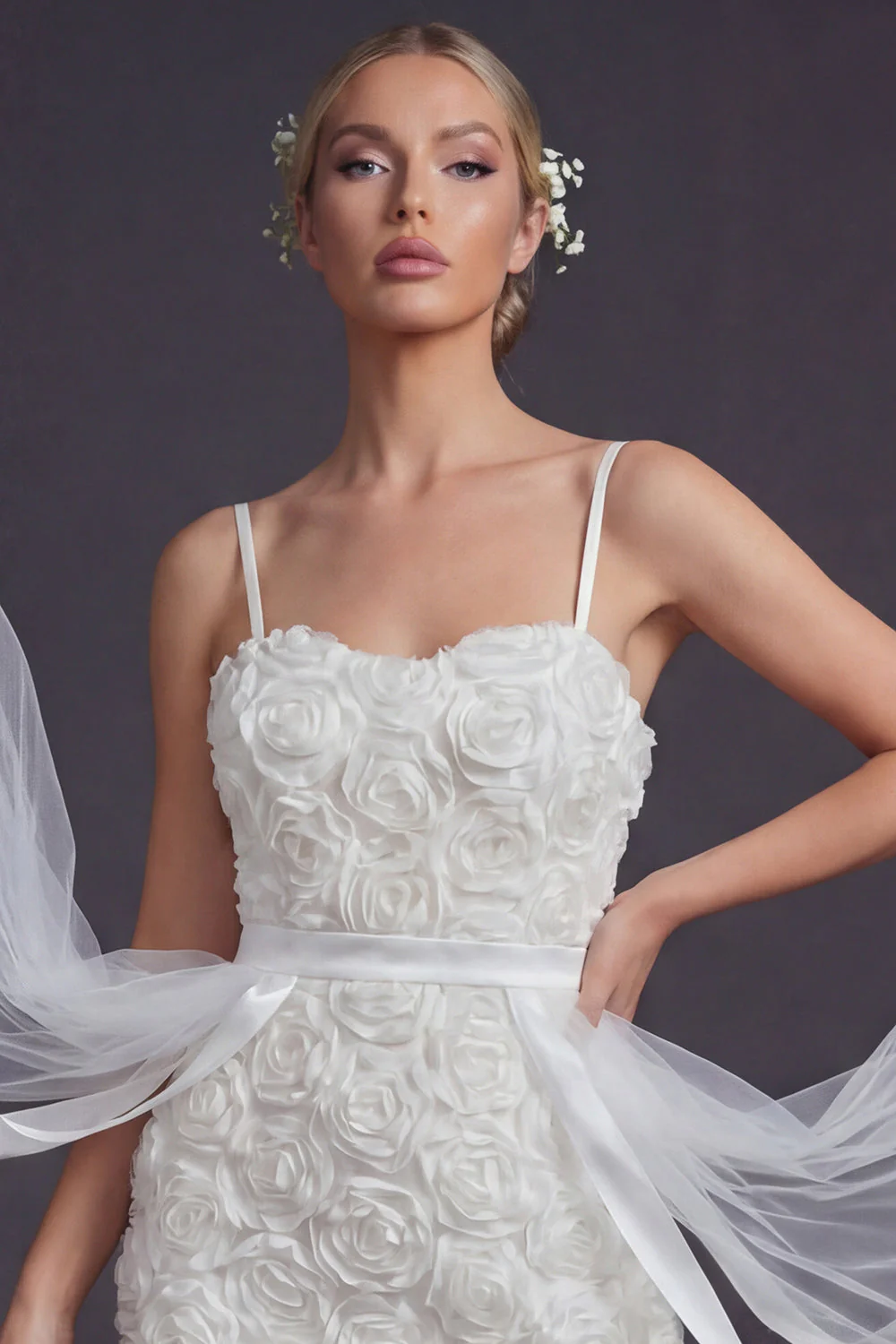Robe de mariée courte avec des brides courtes bodycons 3D Bodycon, fleurs 3D - Image 3