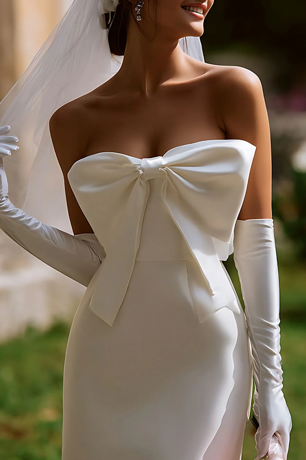 Robe de mariée courte blanche bodycony sans bretelles avec nœud (sans gants) - Image 3