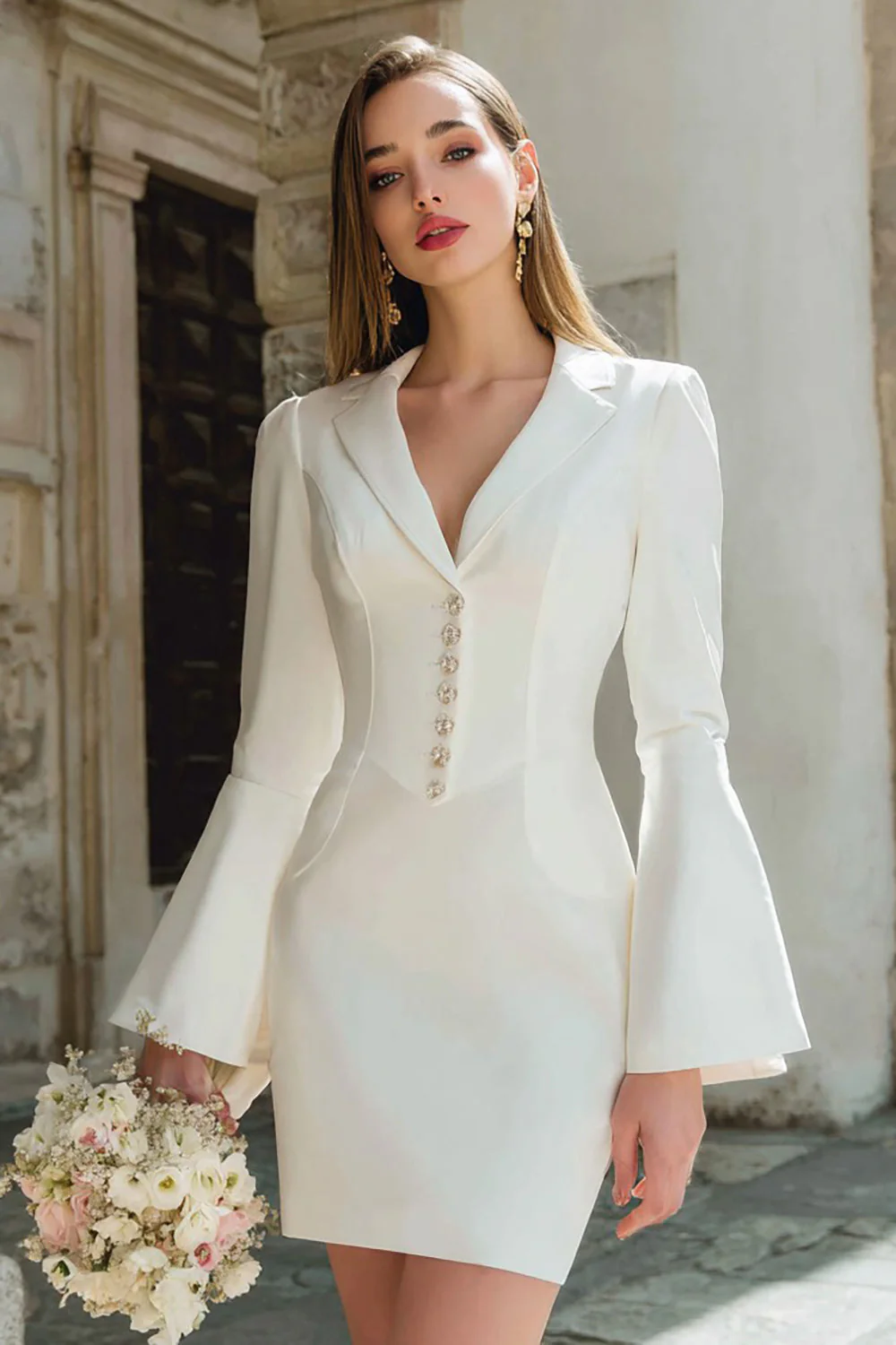Robe de mariée courte blazer bodycon à revers en ivoire avec manches