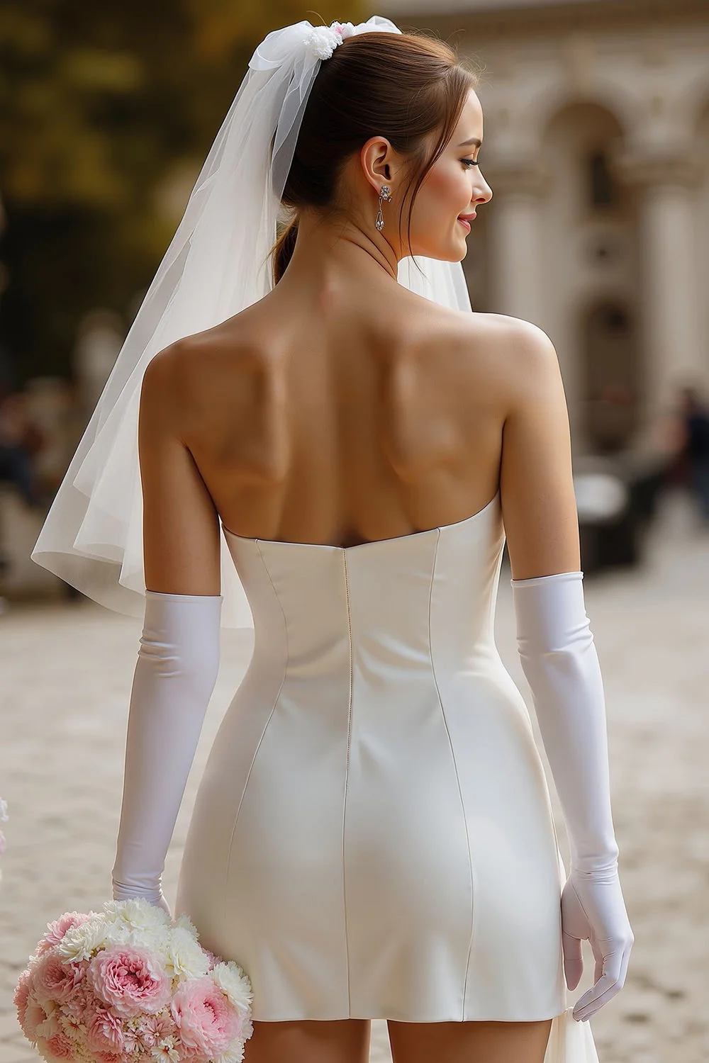 Robe de mariée courte en satin bodycon bodycon blanche avec nœud (sans gants) - Image 2