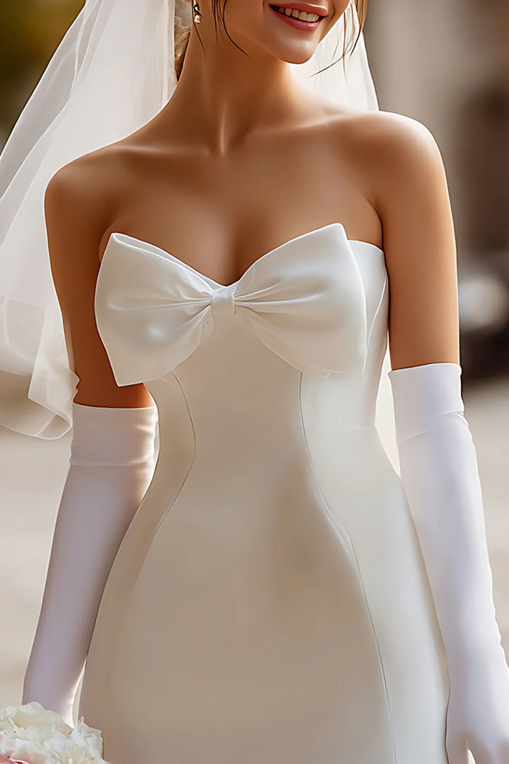 Robe de mariée courte en satin bodycon bodycon blanche avec nœud (sans gants) - Image 3