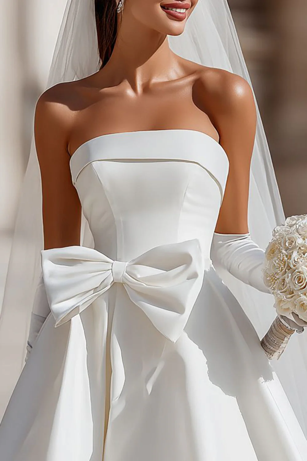 Robe de mariée courte sans bretelles blanche A Line avec poches - Image 6