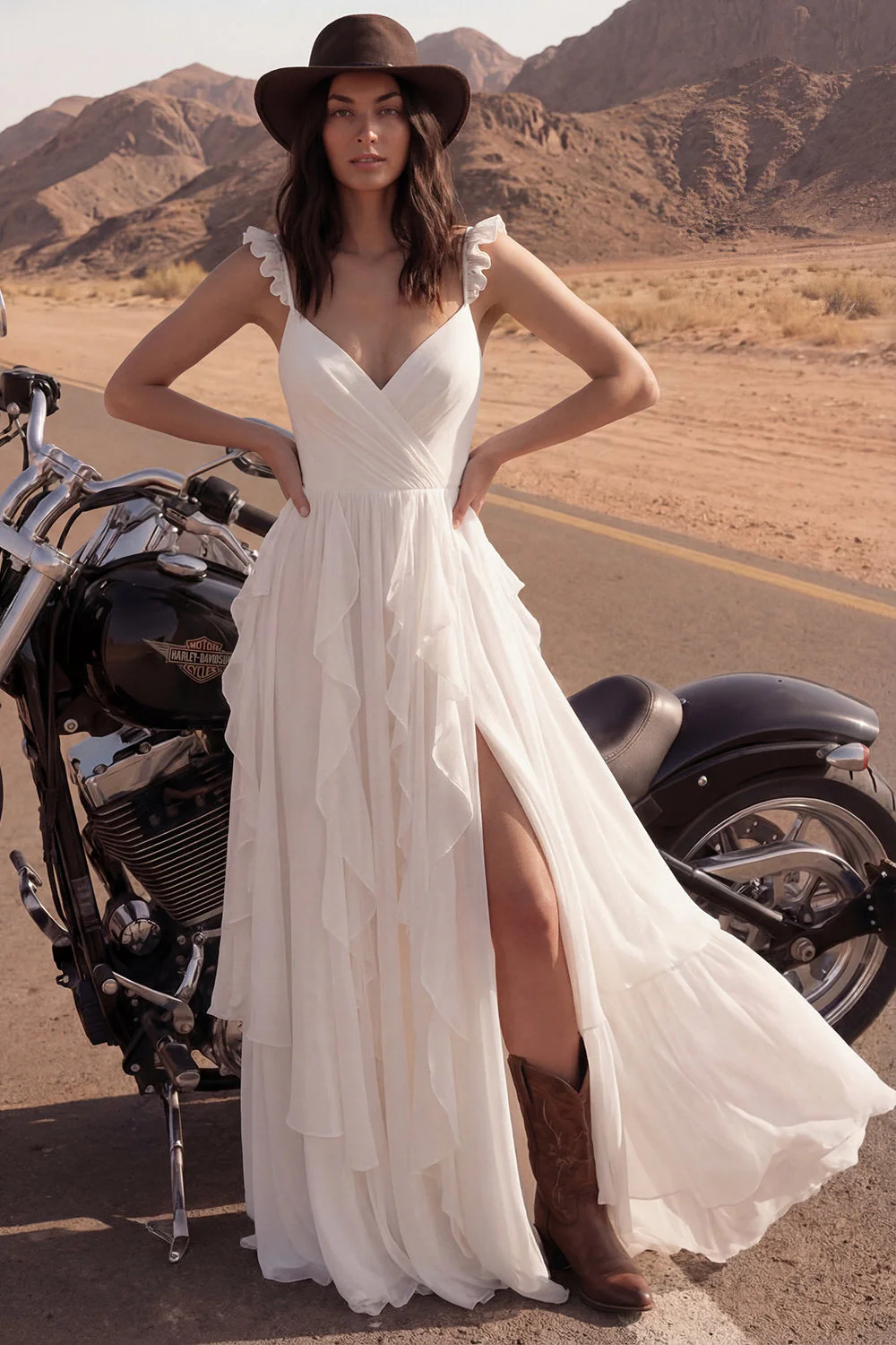 Robe de mariée de plage en V en Maxi ivoire avec volants