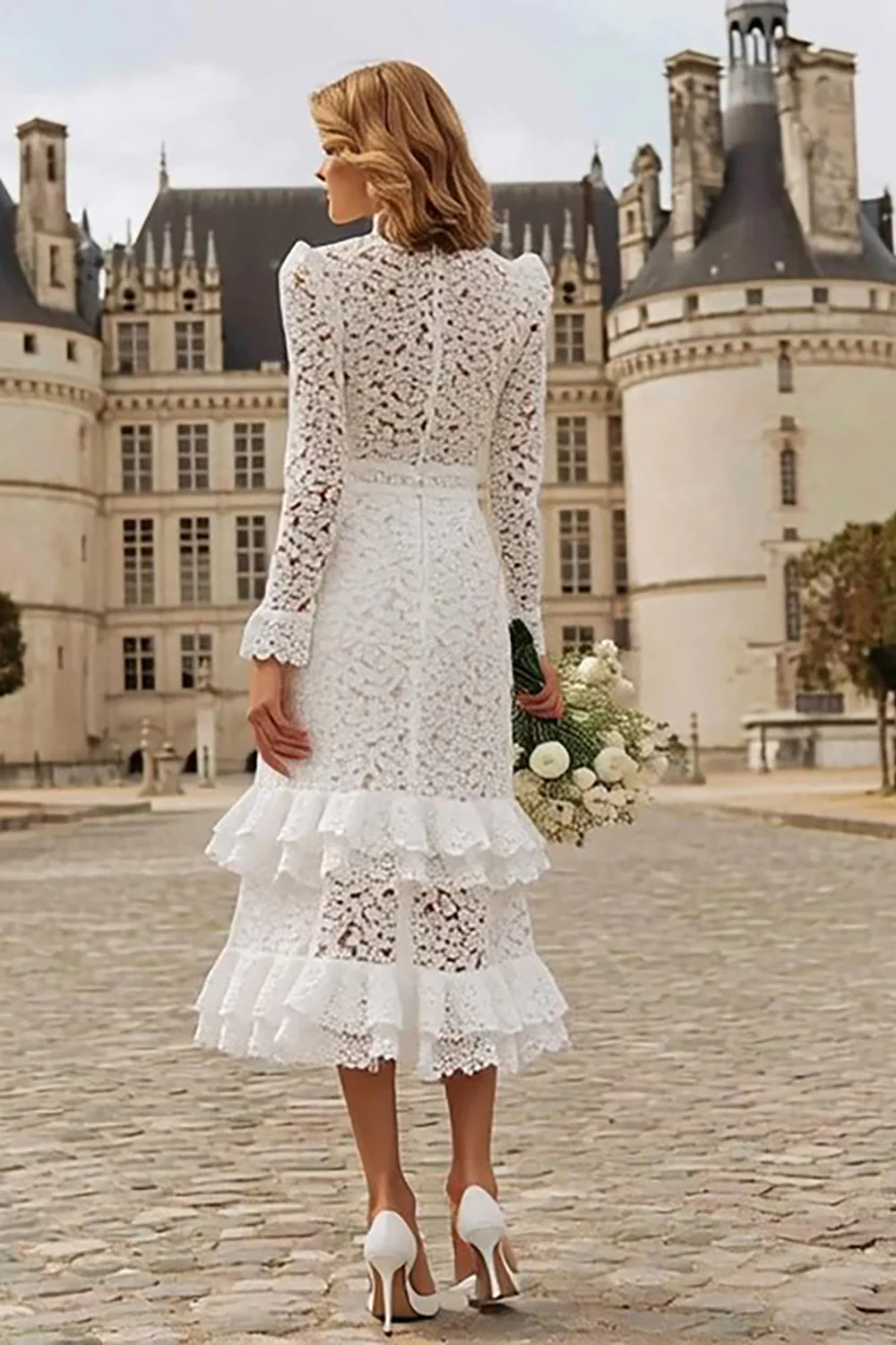 Robe de mariée du palais de justice en dentelle de sirène ivoire à volants - Image 2