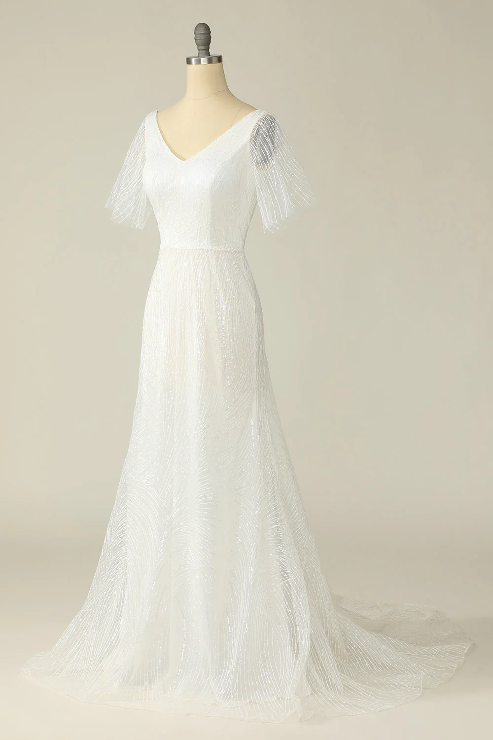 Robe de mariée en dentelle à col V blanc - Image 3