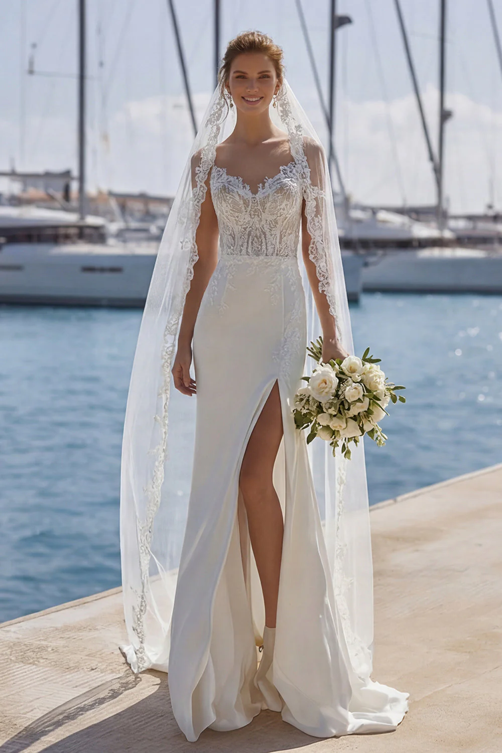 Robe de mariée en dentelle en dentelle en ivoire avec traîne balayante