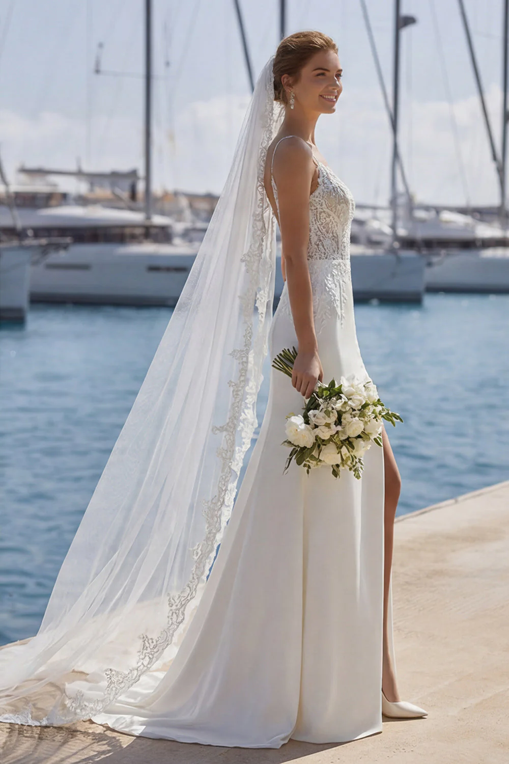 Robe de mariée en dentelle en dentelle en ivoire avec traîne balayante - Image 3