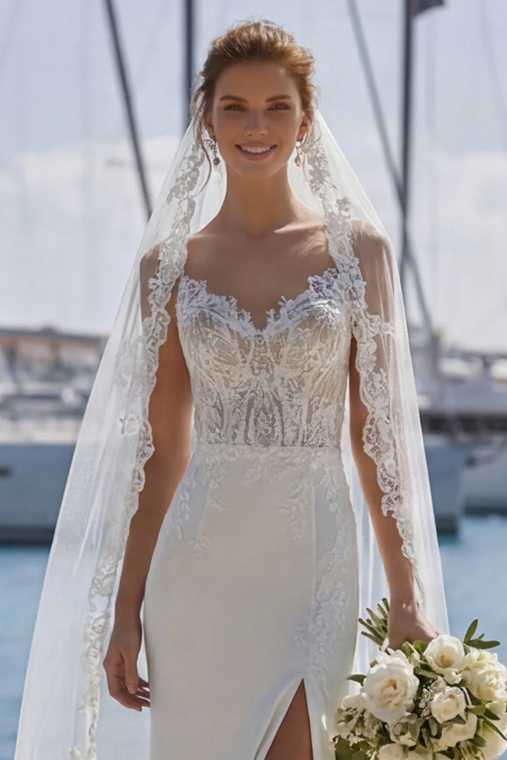 Robe de mariée en dentelle en dentelle en ivoire avec traîne balayante - Image 5