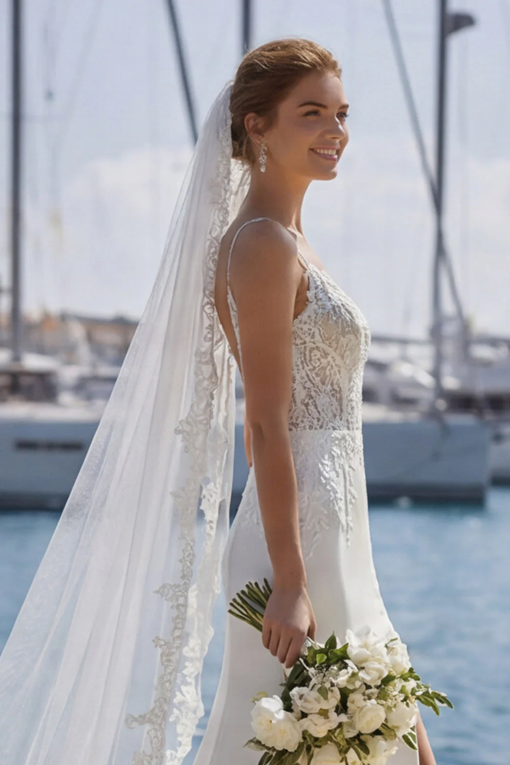 Robe de mariée en dentelle en dentelle en ivoire avec traîne balayante - Image 7