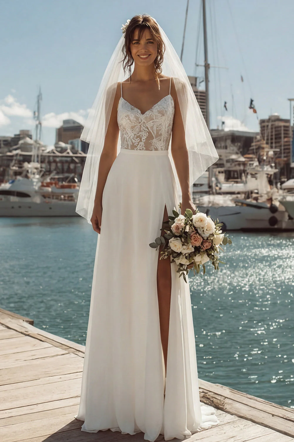 Robe de mariée en dentelle en ivoire avec fente