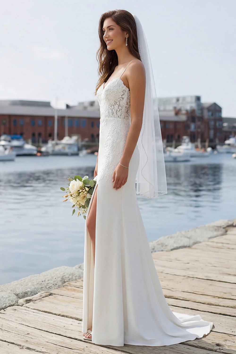 Robe de mariée en dentelle en ivoire sirène avec fente - Image 3