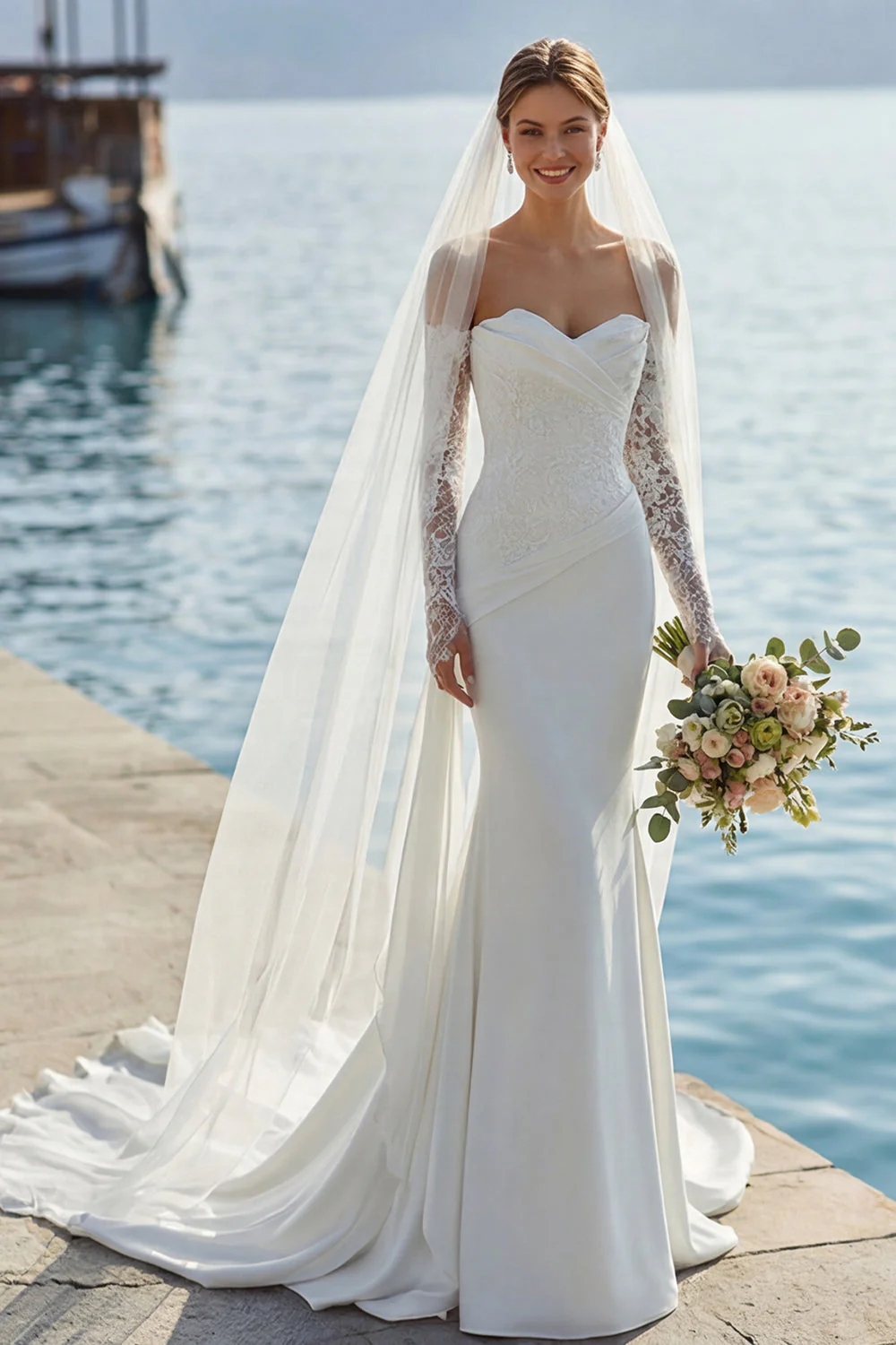 Robe de mariée en dentelle longue en sirène ivoire avec des appliques - Image 3