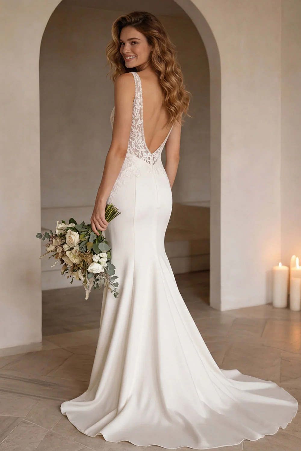 Robe de mariée en mer en mer ivoire à col en V avec traîne en dentelle - Image 2