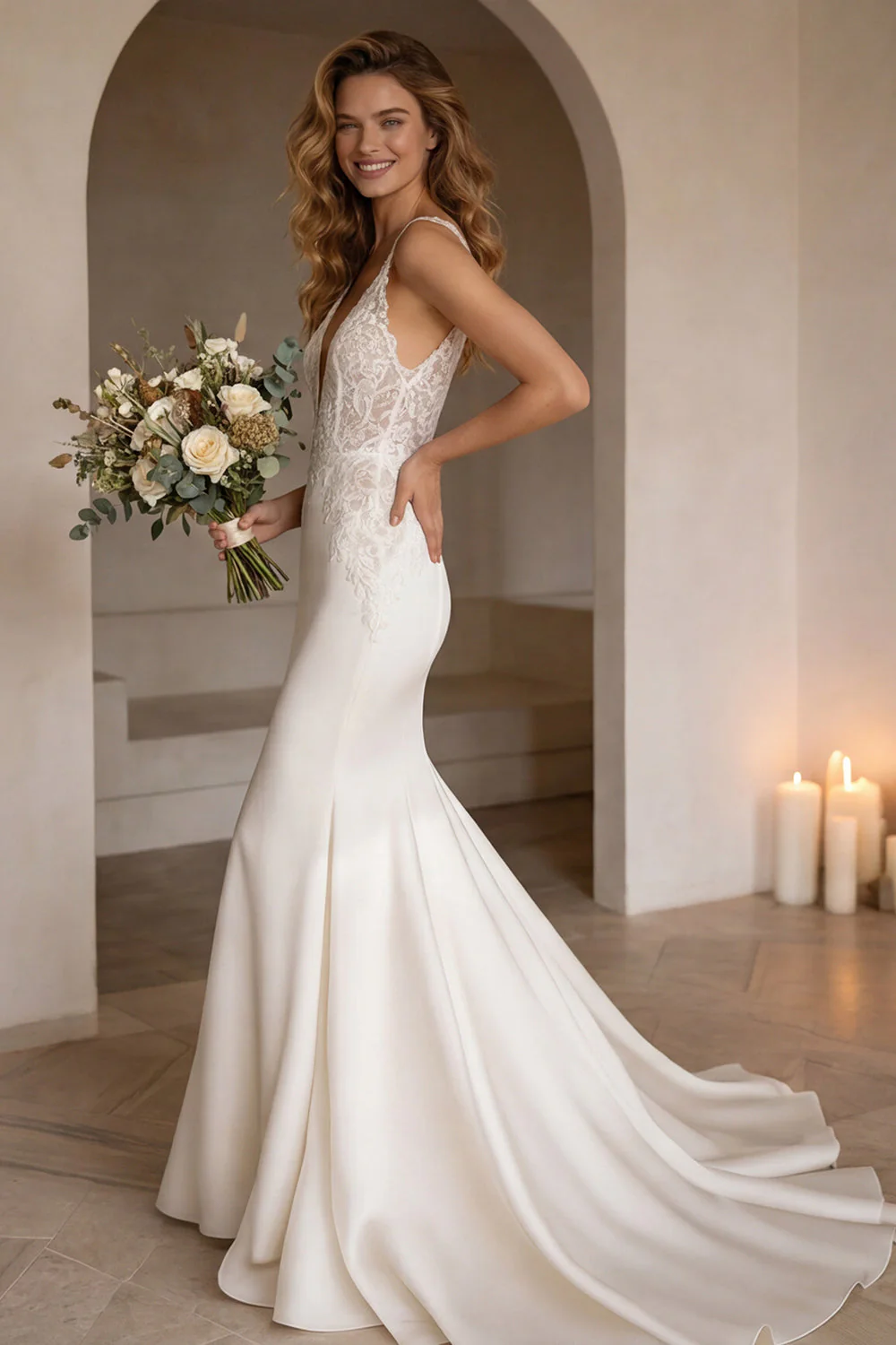 Robe de mariée en mer en mer ivoire à col en V avec traîne en dentelle - Image 3