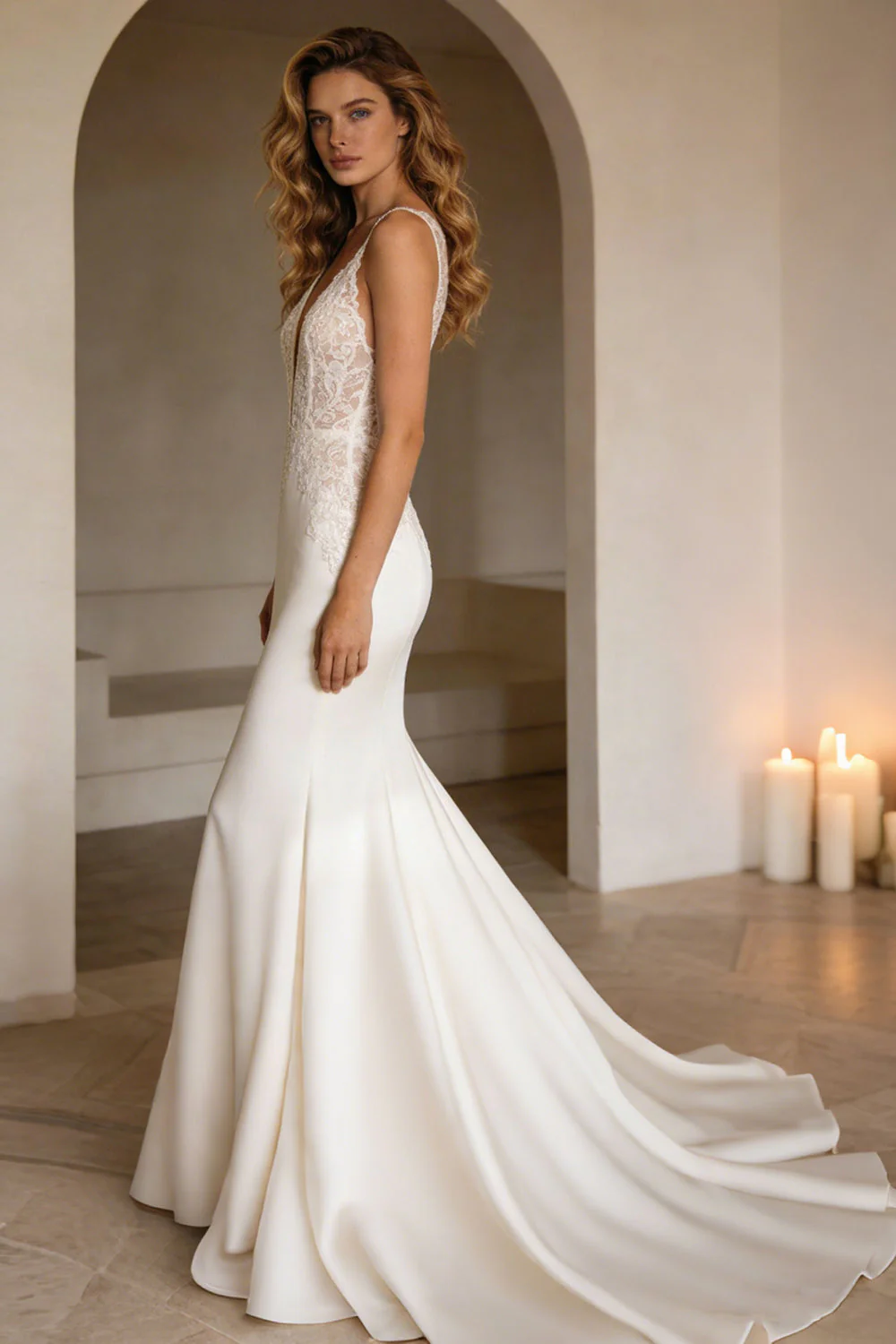 Robe de mariée en mer en mer ivoire à col en V avec traîne en dentelle - Image 4