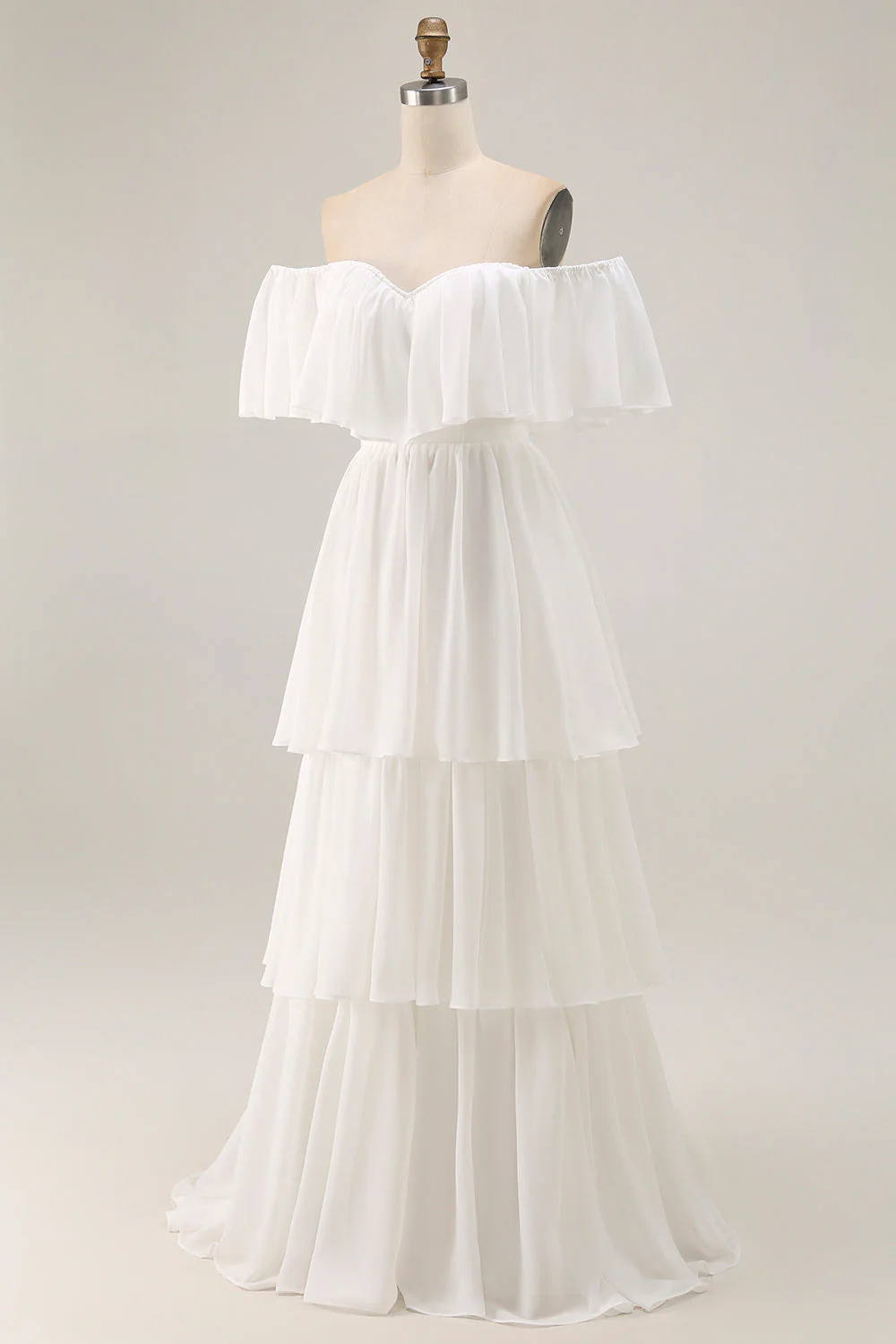 Robe de mariée en mousseline de soie à volants blanc à épaules dénudées - Image 5