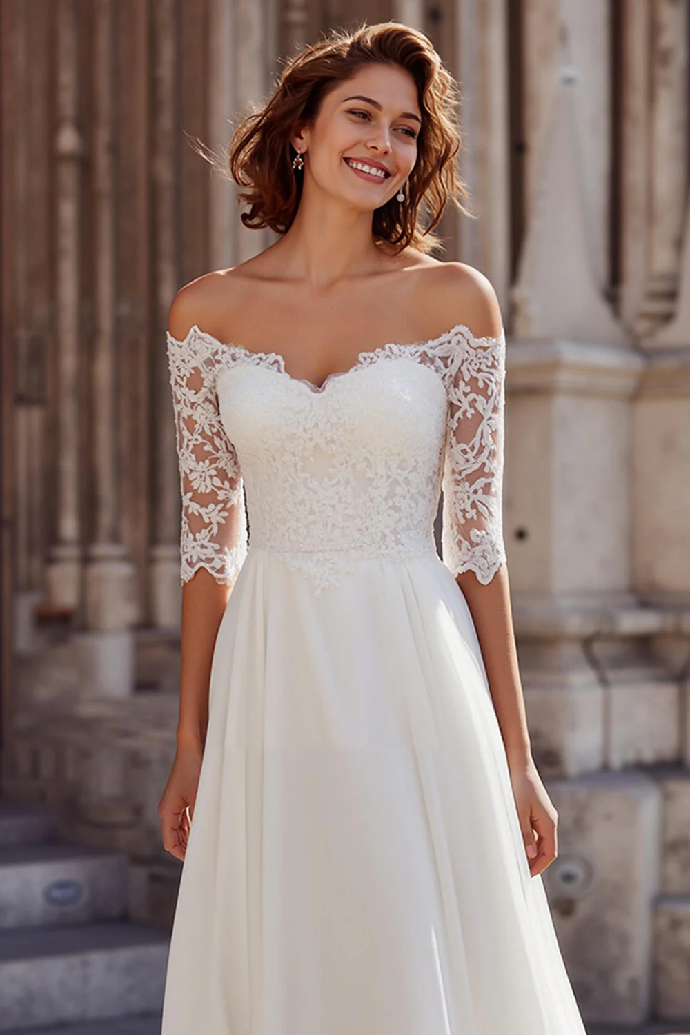 Robe de mariée en mousseline de soie blanche A-line Off the Shoulder Sweep Train avec dentelle - Image 2