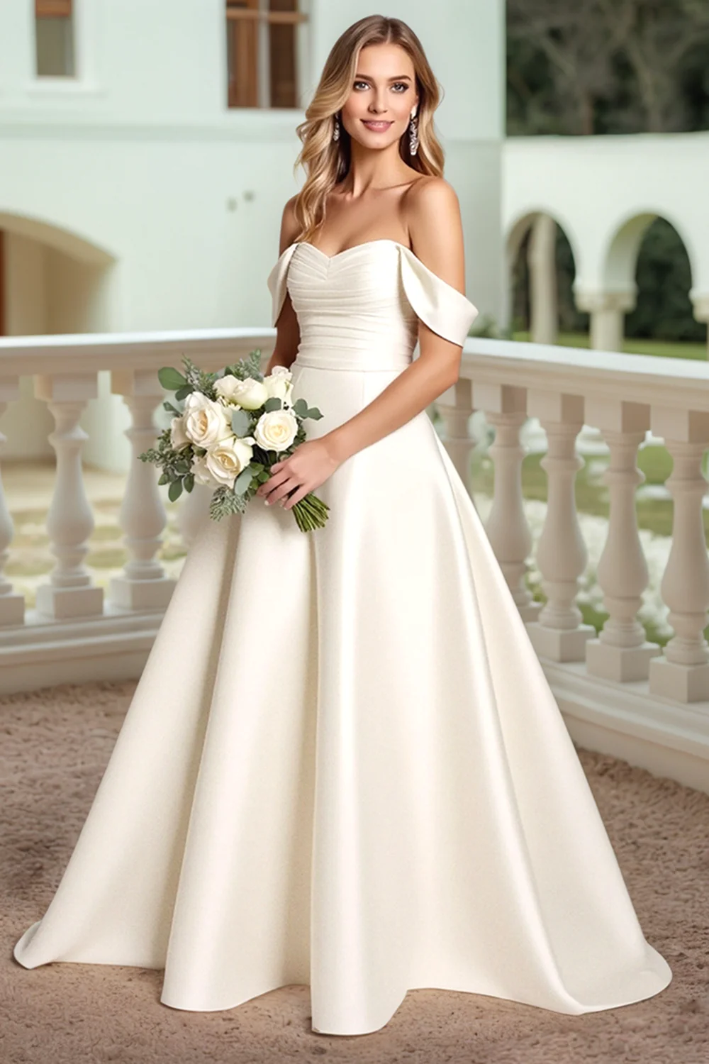 Robe de mariée A-line blanche en satin à épaules dénudées avec nœud