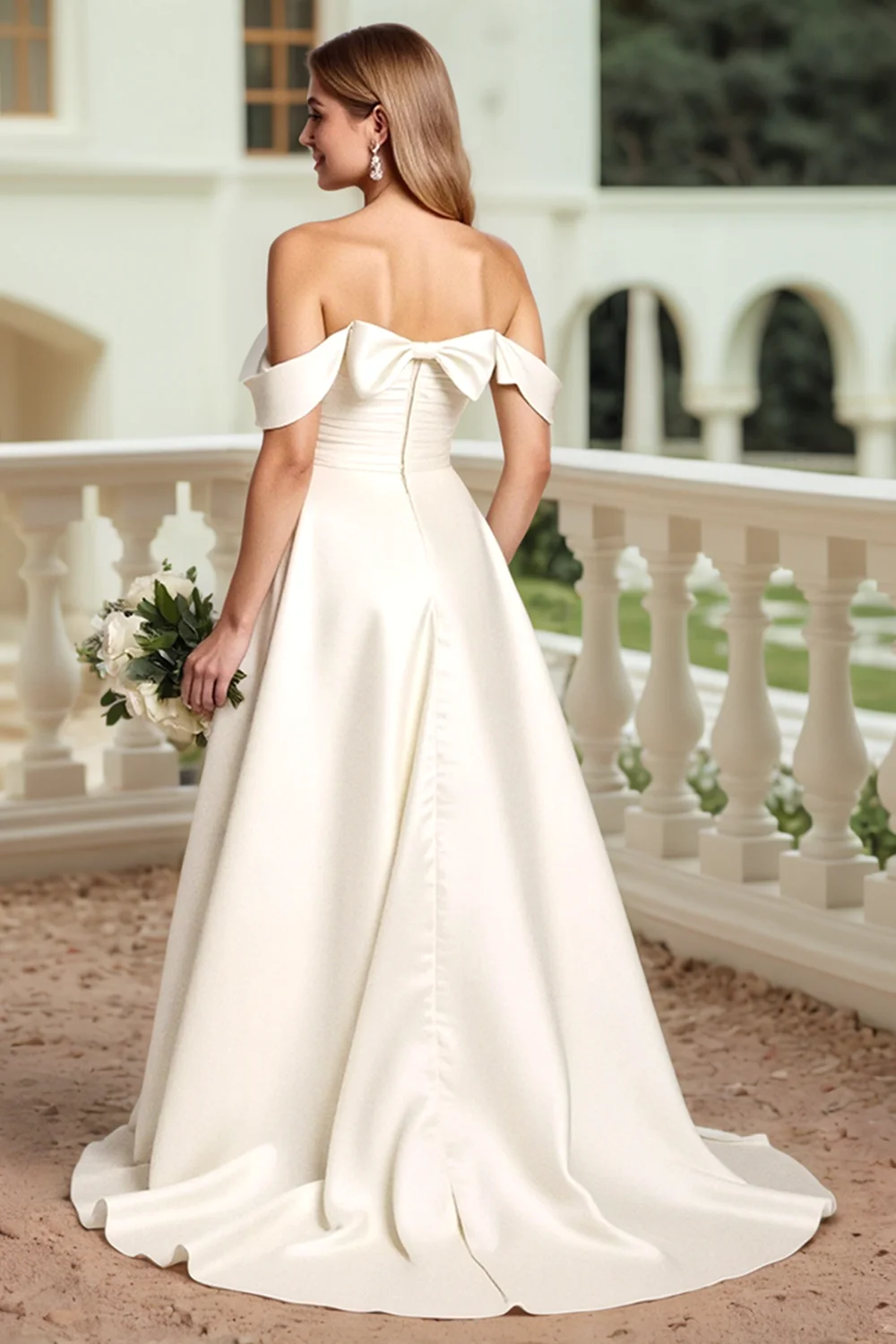 Robe de mariée A-line blanche en satin à épaules dénudées avec nœud - Image 3