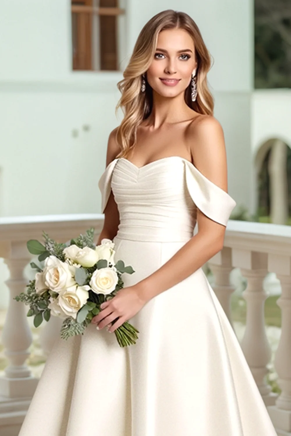 Robe de mariée A-line blanche en satin à épaules dénudées avec nœud - Image 4