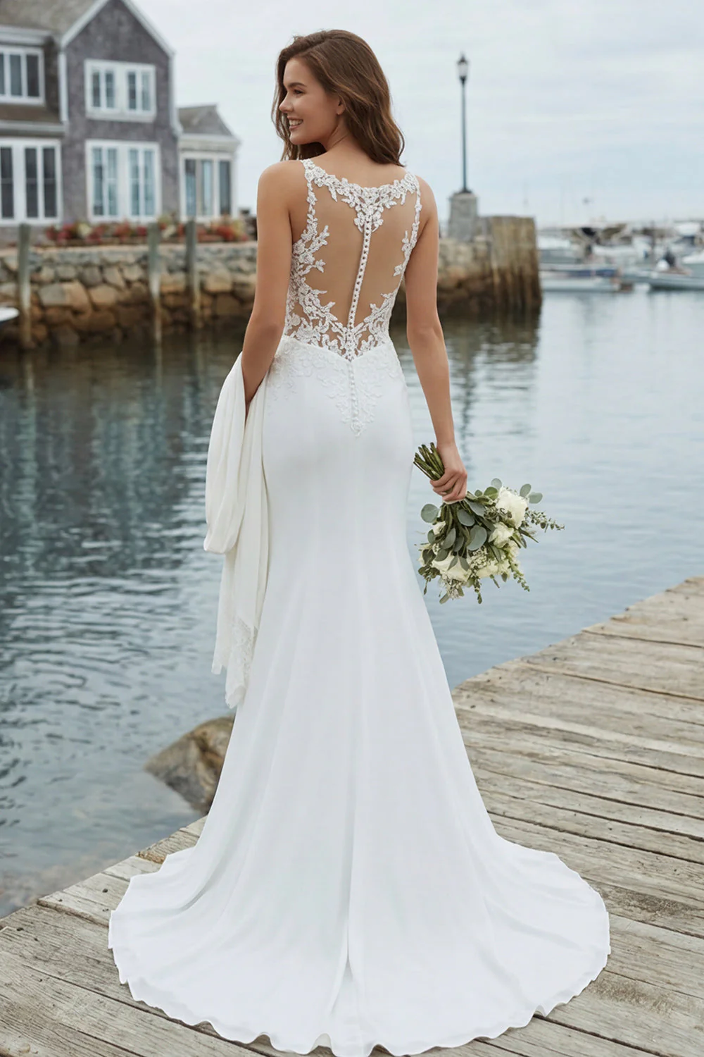 Robe de mariée en satin appliqué sirène ivoire avec traîne de cour - Image 2