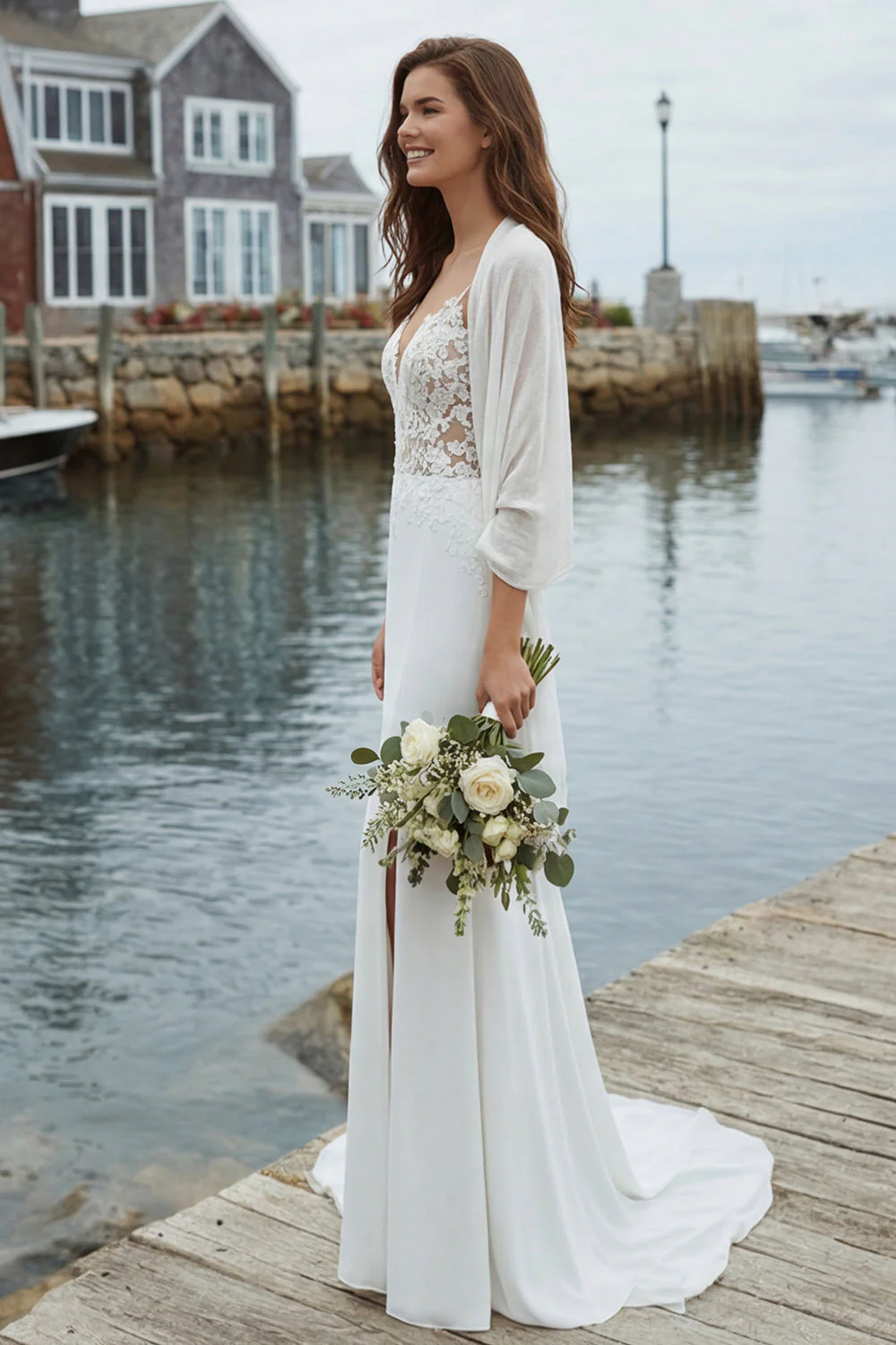 Robe de mariée en satin appliqué sirène ivoire avec traîne de cour - Image 3