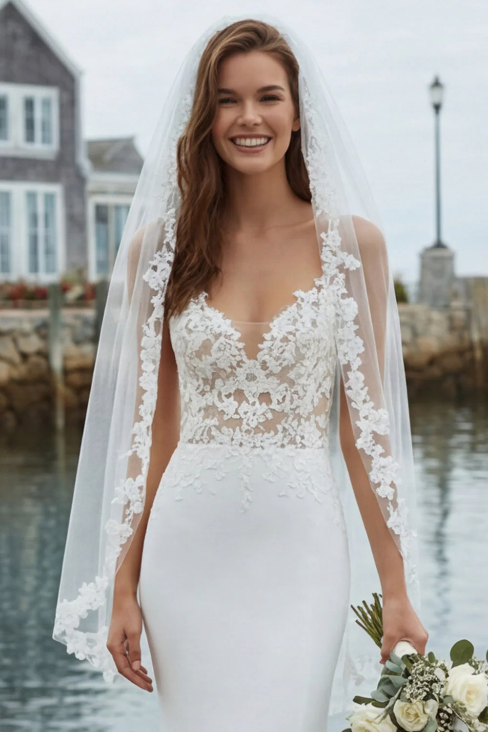 Robe de mariée en satin appliqué sirène ivoire avec traîne de cour - Image 4