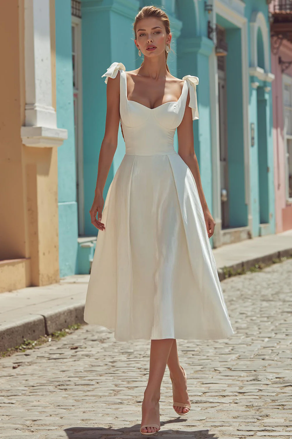Robe de mariée blanche en satin à bretelles fines