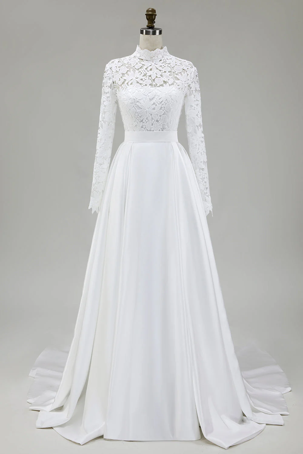 Robe de mariée en satin ivoire à col montant trapèze avec dentelle