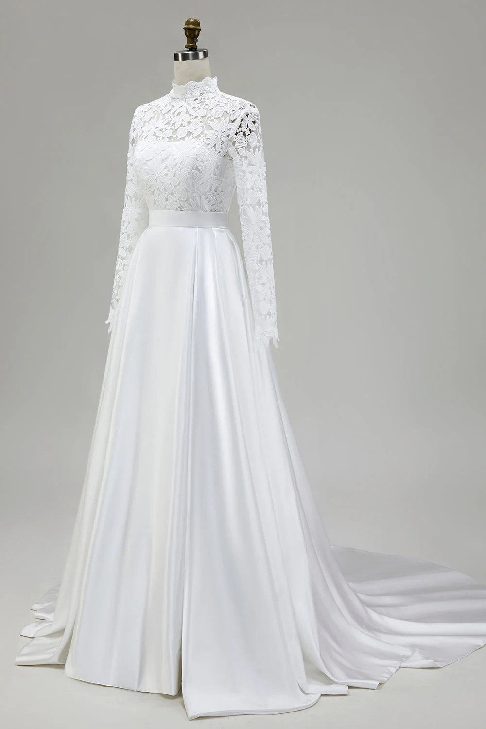 Robe de mariée en satin ivoire à col montant trapèze avec dentelle - Image 3