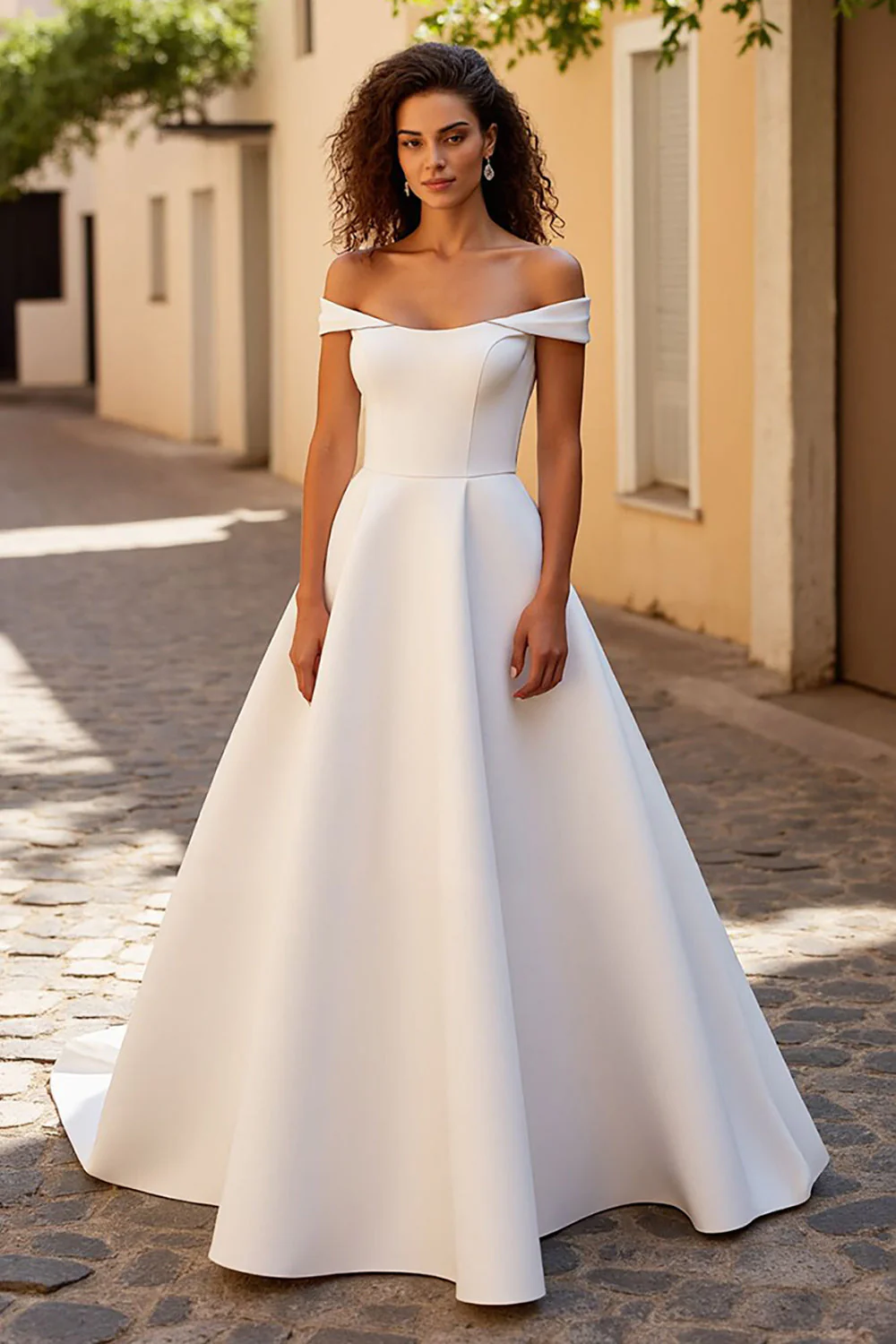 Robe de mariée en satin ivoire A-line à épaules dénudées