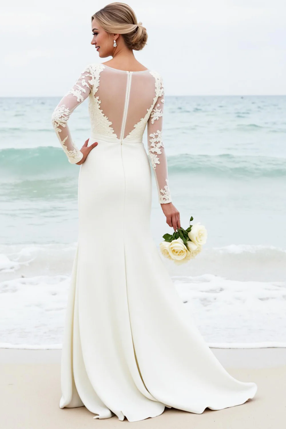 Robe de mariée en satin scoop scoop sirène blanche avec dentelle - Image 2