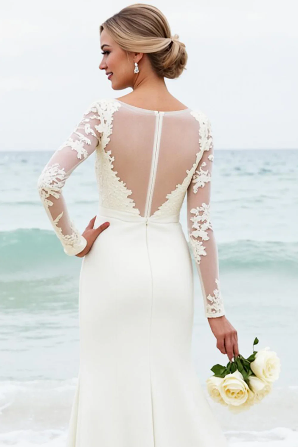 Robe de mariée en satin scoop scoop sirène blanche avec dentelle - Image 4