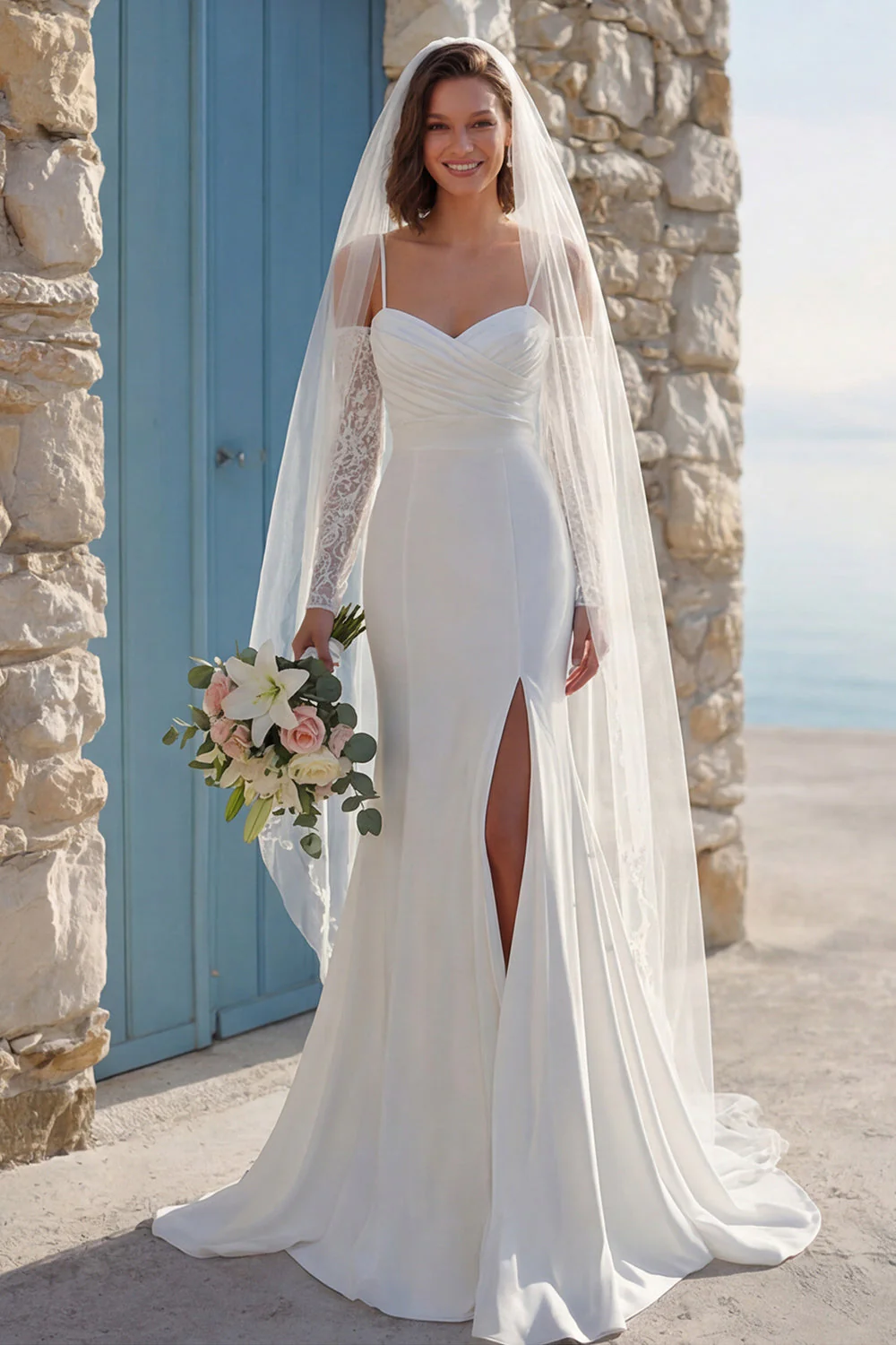 Robe de mariée en train à bretelles fines en mer en ivoire avec fente - Image 2