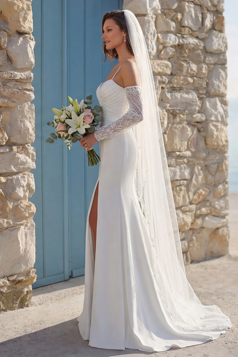 Robe de mariée en train à bretelles fines en mer en ivoire avec fente - Image 3