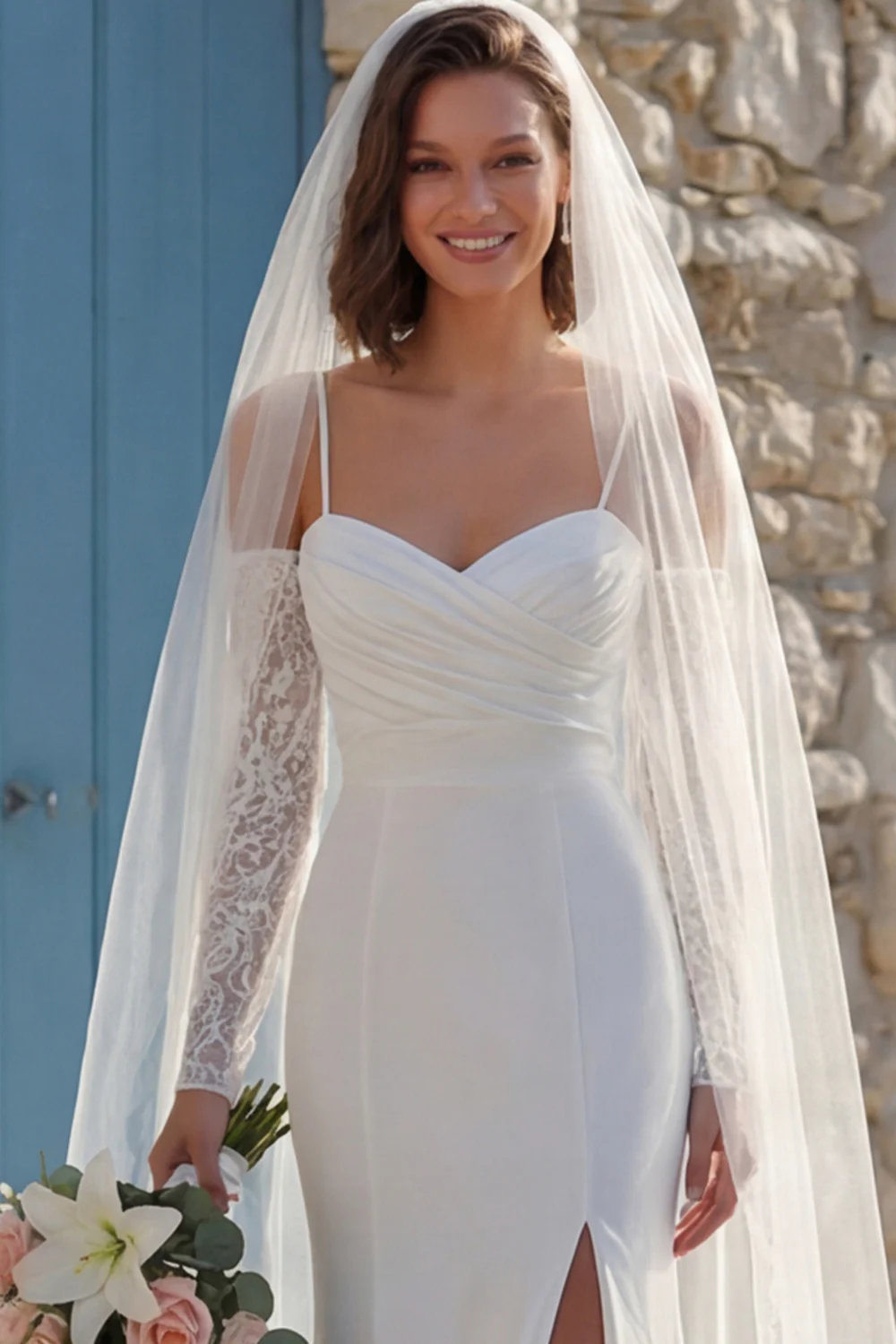 Robe de mariée en train à bretelles fines en mer en ivoire avec fente - Image 5