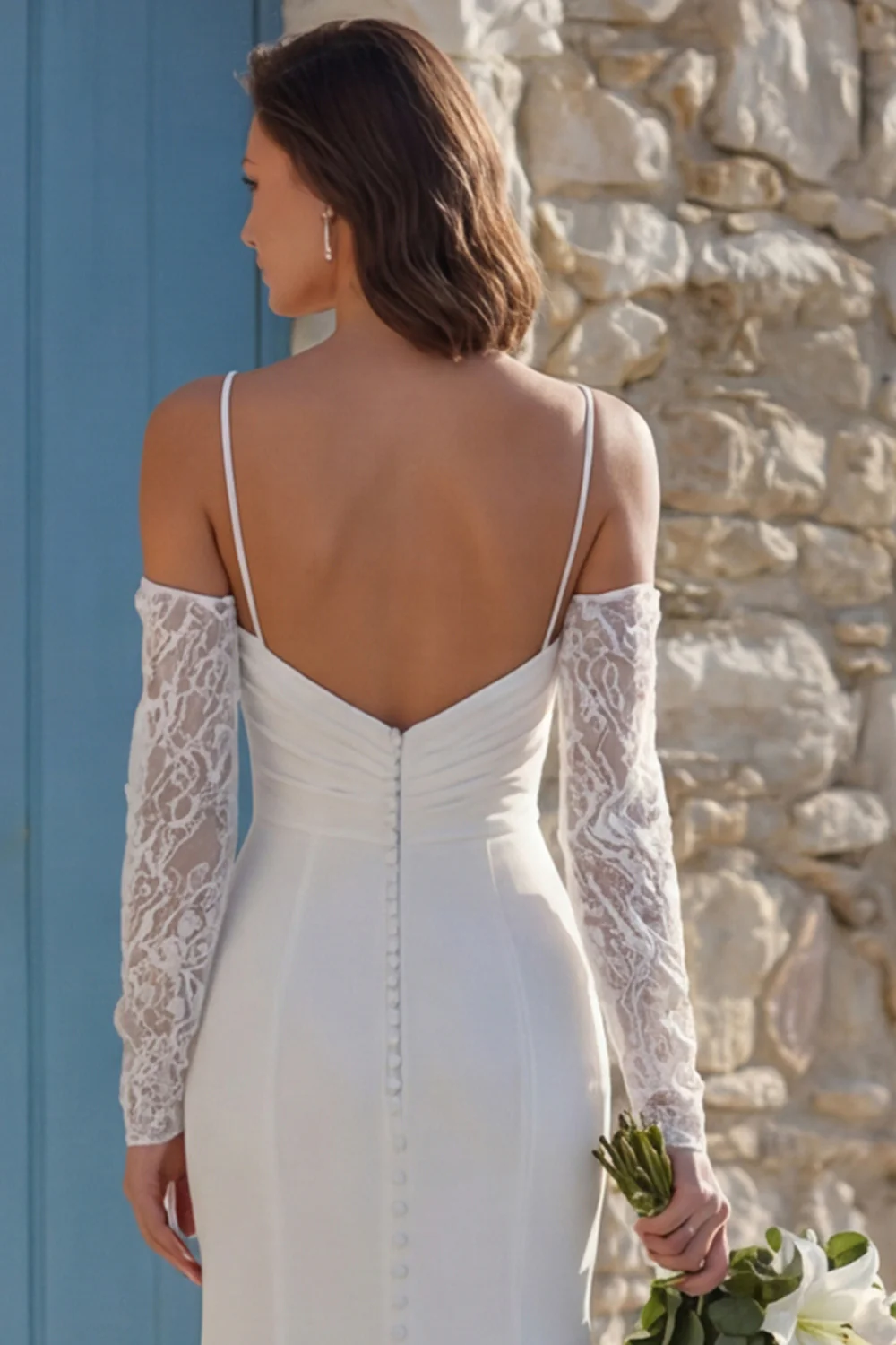 Robe de mariée en train à bretelles fines en mer en ivoire avec fente - Image 6