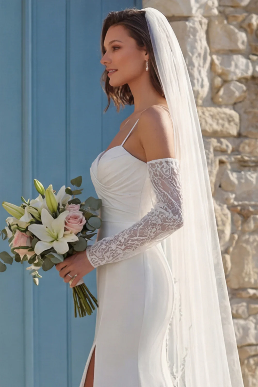 Robe de mariée en train à bretelles fines en mer en ivoire avec fente - Image 7