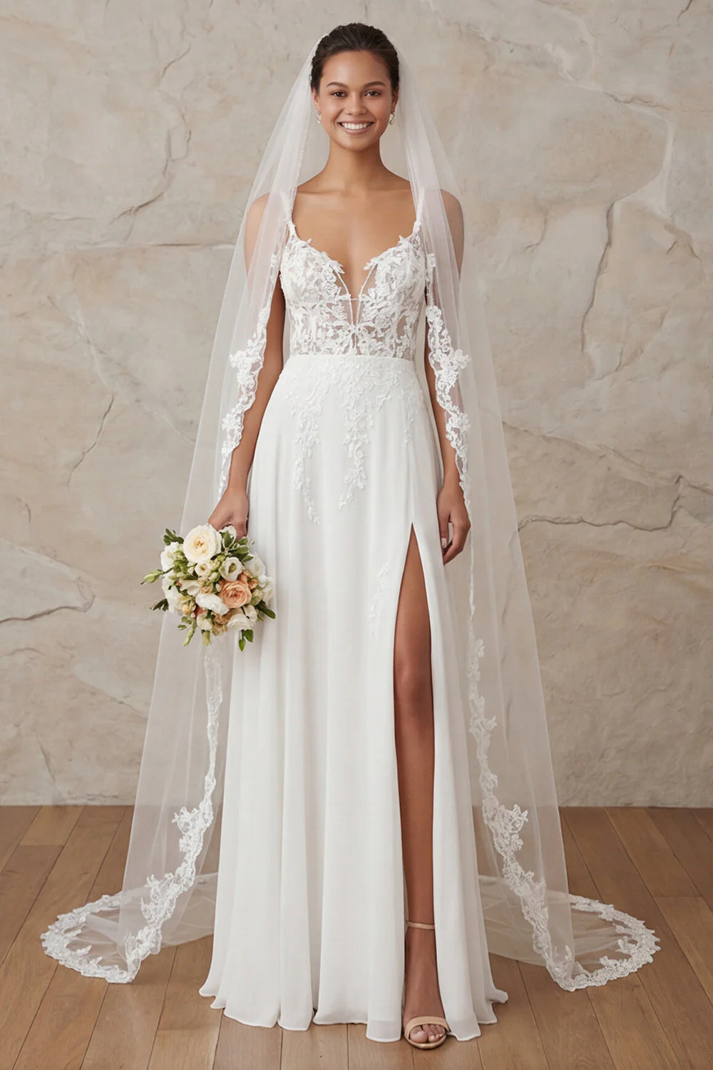 Robe de mariée en train en dentelle en dentelle à bretelles en ivoire A